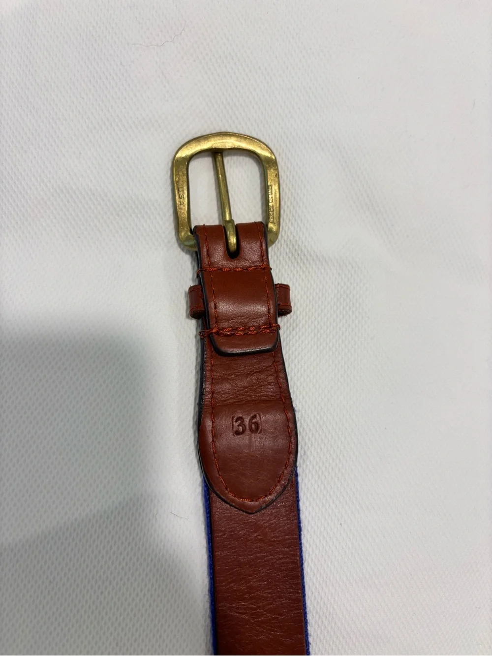 Blue needlepoint Belt with Brown Leather Trim and Brass Buckle